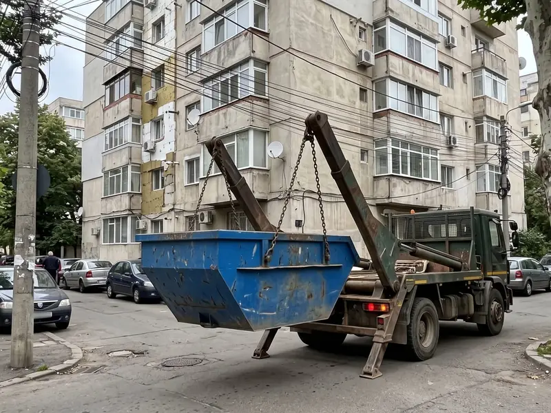 Imagine ilustrativă: Camionul firmei cu container încărcat, pe stradă